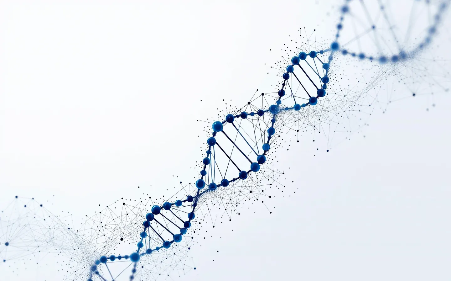 Abstract indigo illustration of a five-node synthetic peptide chain on a cool soft-white field